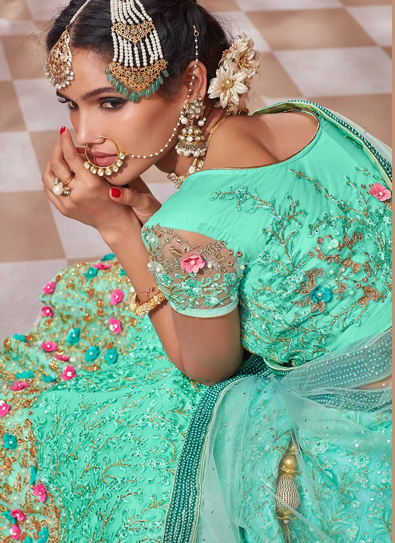 Aqua Blue Overall Embroidered Flared Lehenga Choli Set
