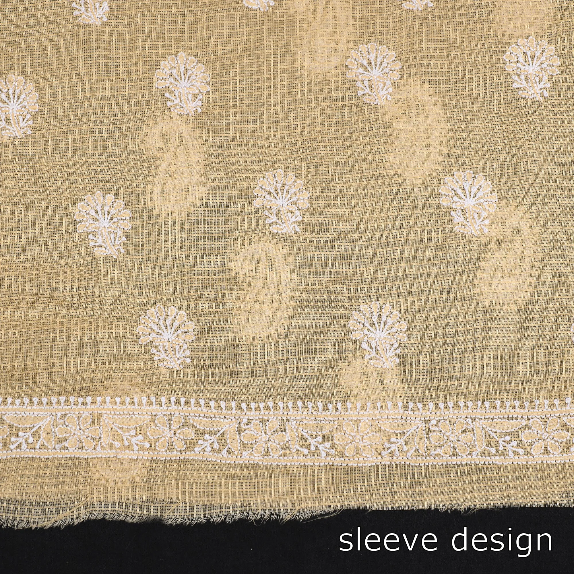 Beige - 2pc Lucknow Chikankari Hand Embroidery Kota Doria Cotton Suit Material Set