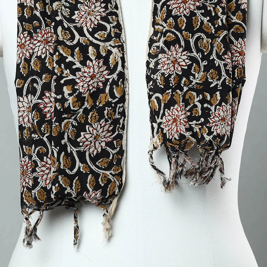 Black - Sanganeri Block Printed Cotton Stole with Tassels 31