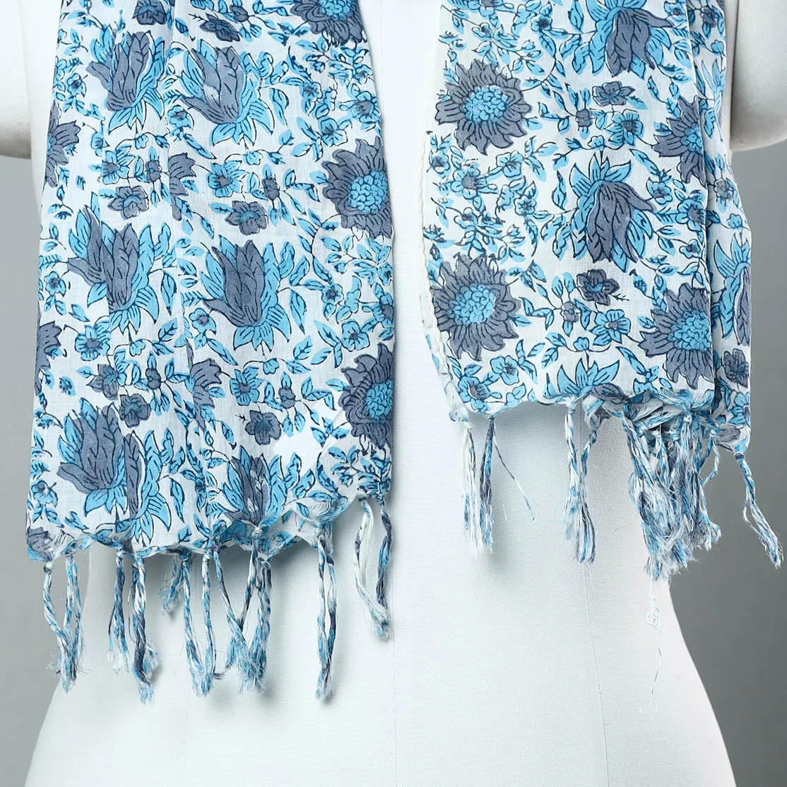 Blue - Sanganeri Block Printed Cotton Stole with Tassels 53