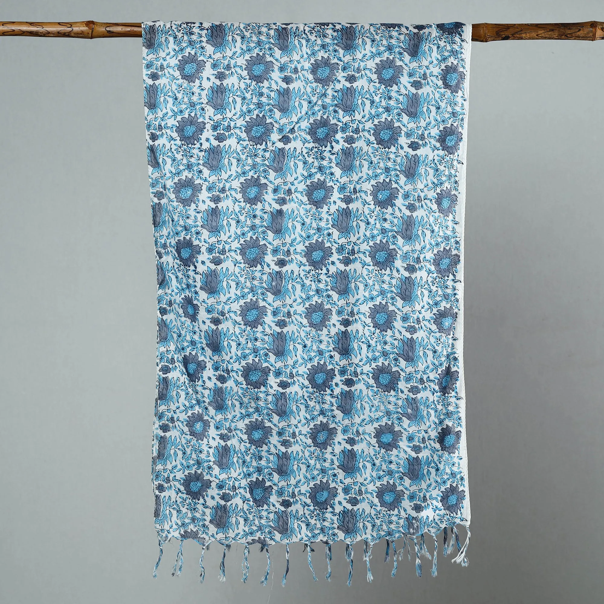 Blue - Sanganeri Block Printed Cotton Stole with Tassels 53