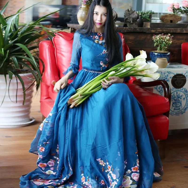 Blue Sapphire Floral Embroidered Bohemian Prom Dress | Mandala