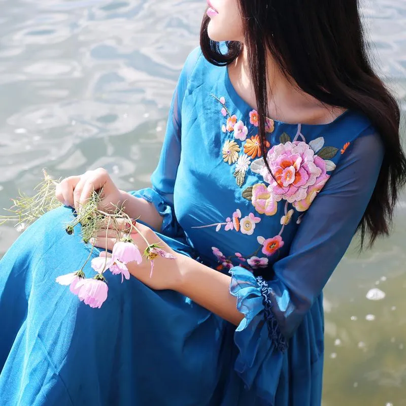 Blue Sapphire Floral Embroidered Bohemian Prom Dress | Mandala