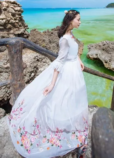 Blue Sapphire Floral Embroidered Bohemian Prom Dress | Mandala