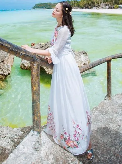 Blue Sapphire Floral Embroidered Bohemian Prom Dress | Mandala