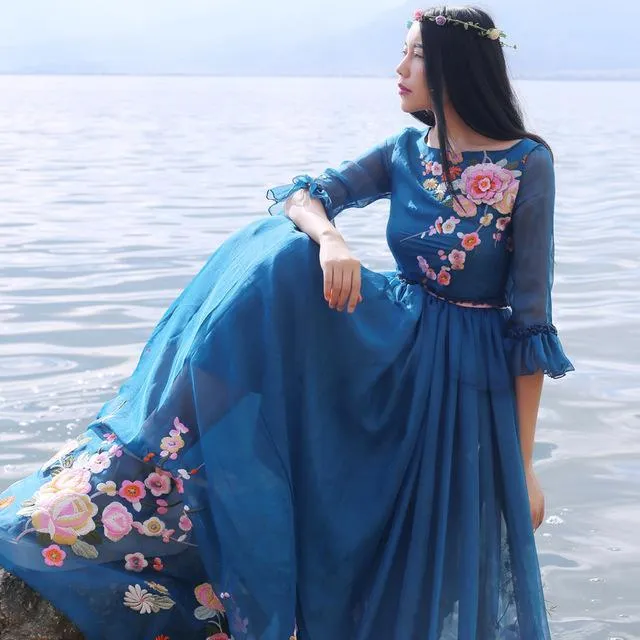 Blue Sapphire Floral Embroidered Bohemian Prom Dress | Mandala