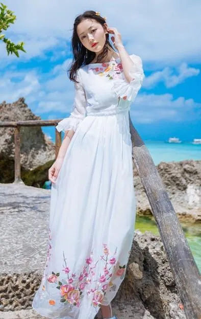 Blue Sapphire Floral Embroidered Bohemian Prom Dress | Mandala