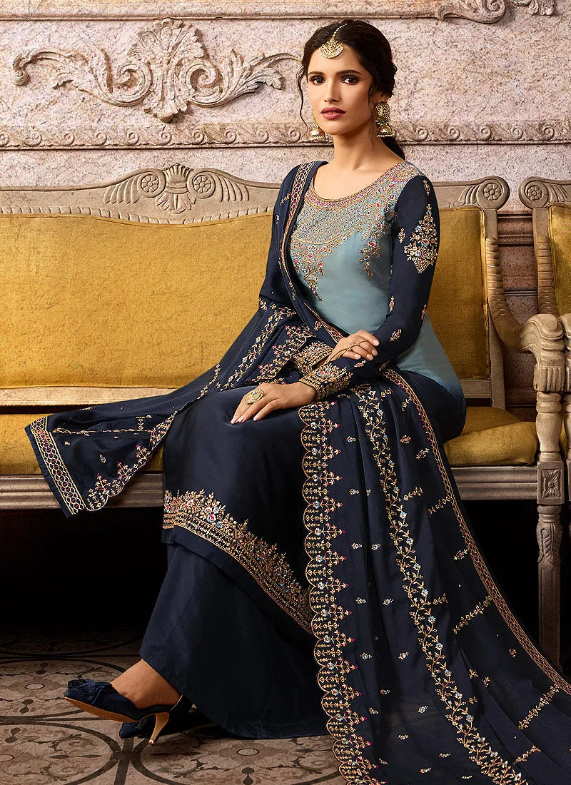 Blue Two Tone Embroidered Palazzo Suit