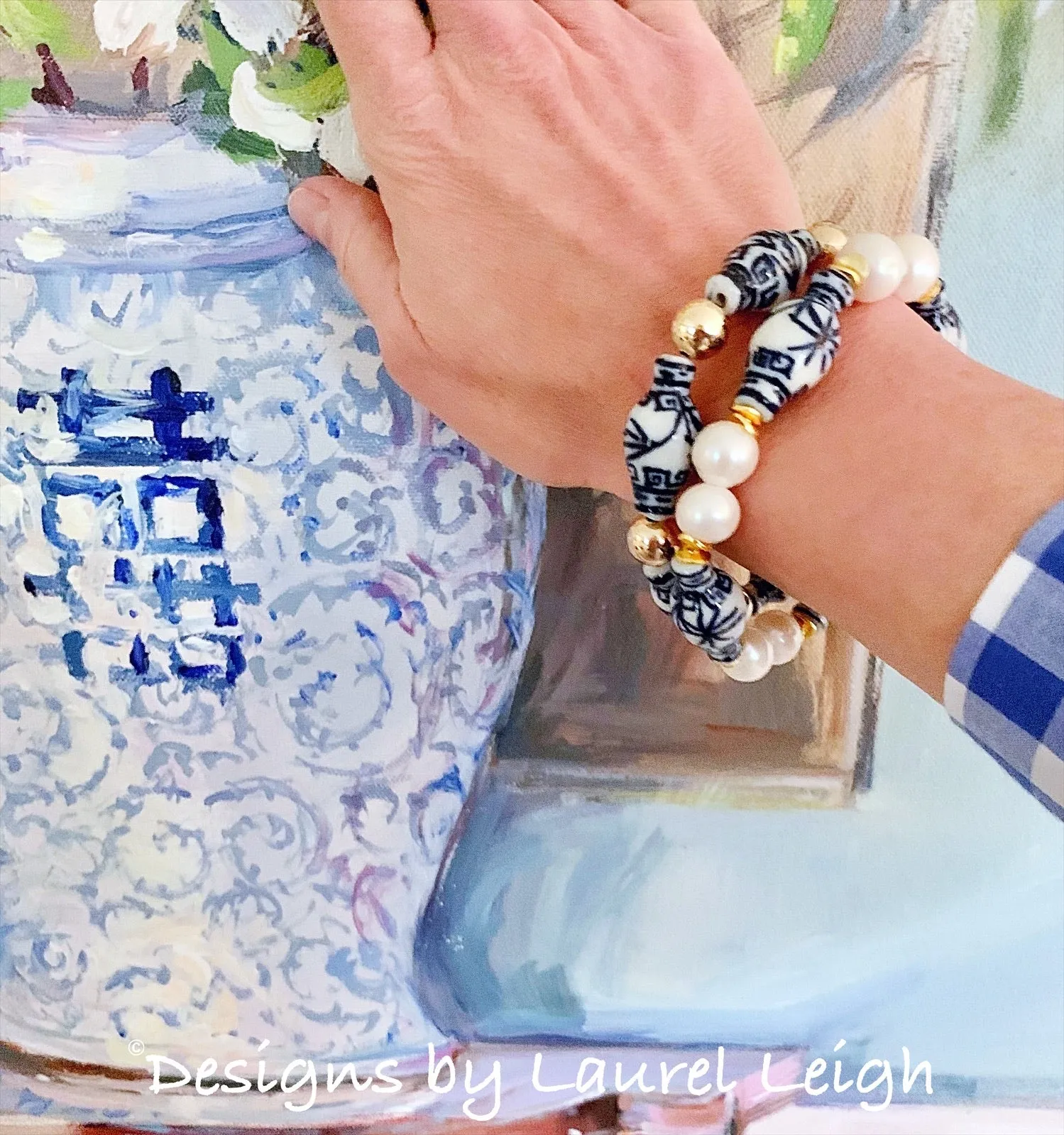 Chinoiserie Ginger Jar and Freshwater Pearl Bracelet - 2 Styles