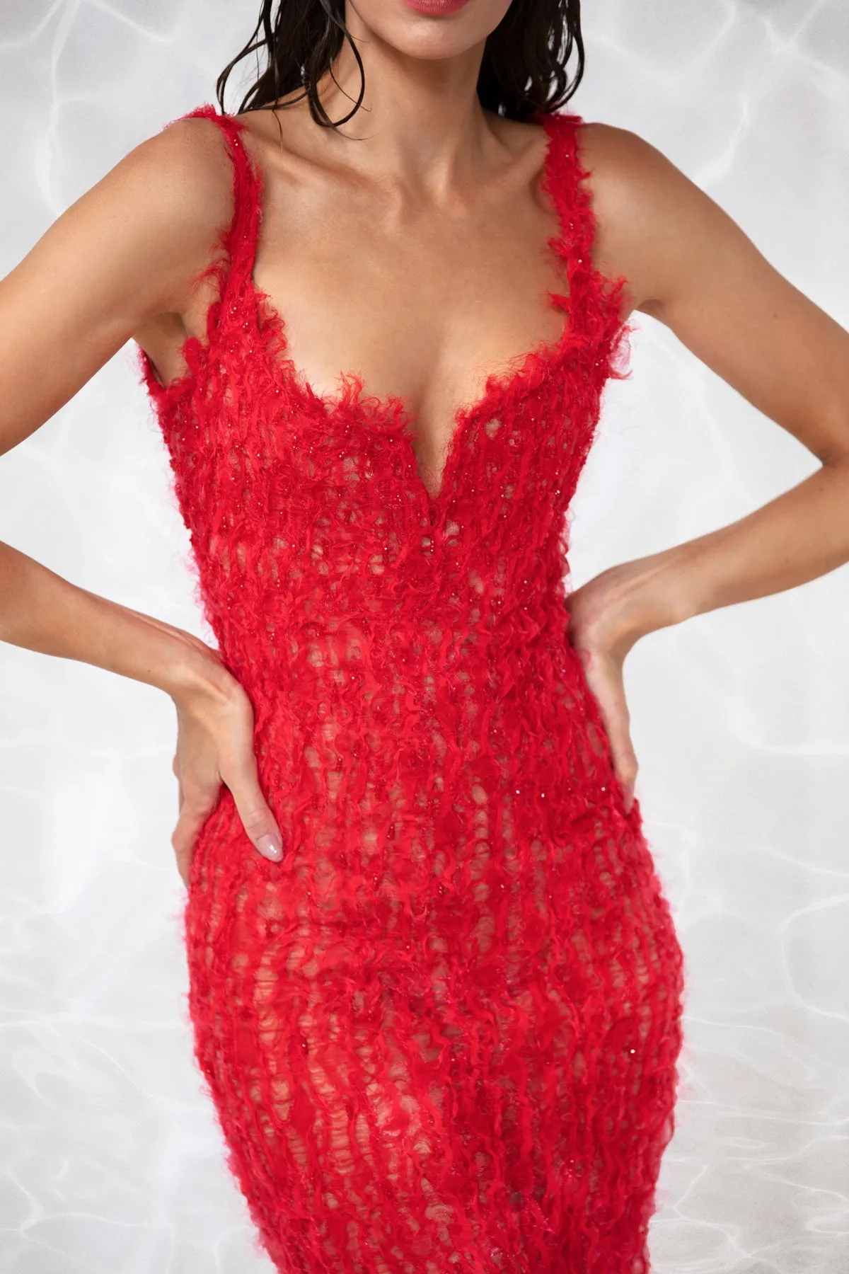 Column dress in hand ripped silk organza and embroidered with red crystals
