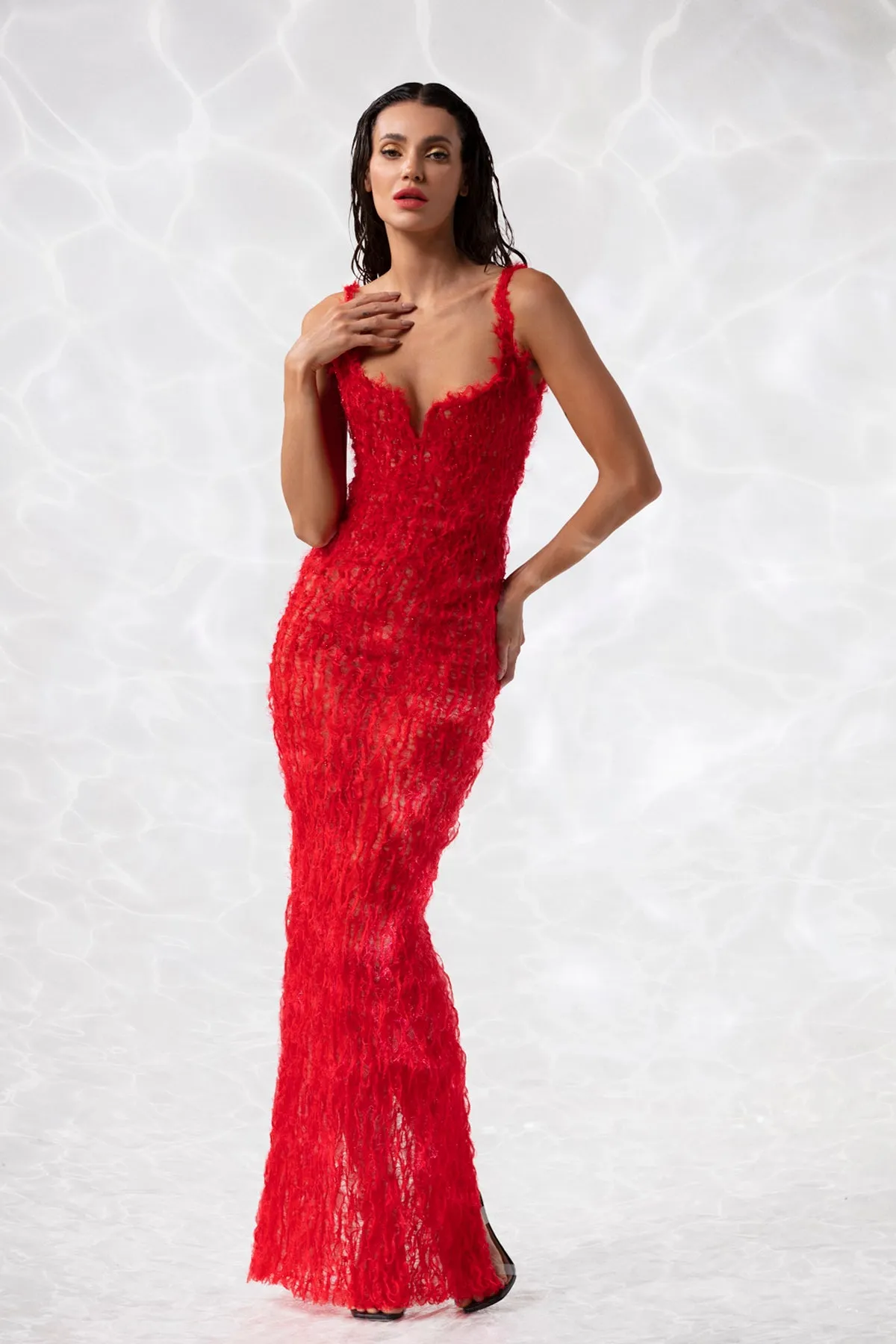 Column dress in hand ripped silk organza and embroidered with red crystals