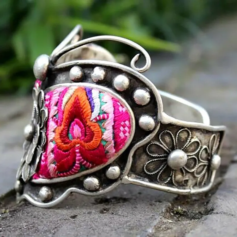 Delicately Embroidered CHinese Miao Silver Wide Cuff