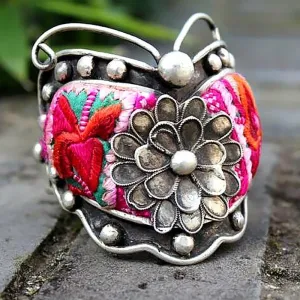 Delicately Embroidered CHinese Miao Silver Wide Cuff