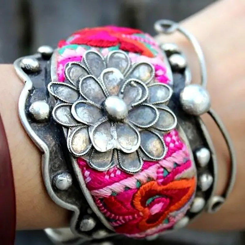 Delicately Embroidered CHinese Miao Silver Wide Cuff