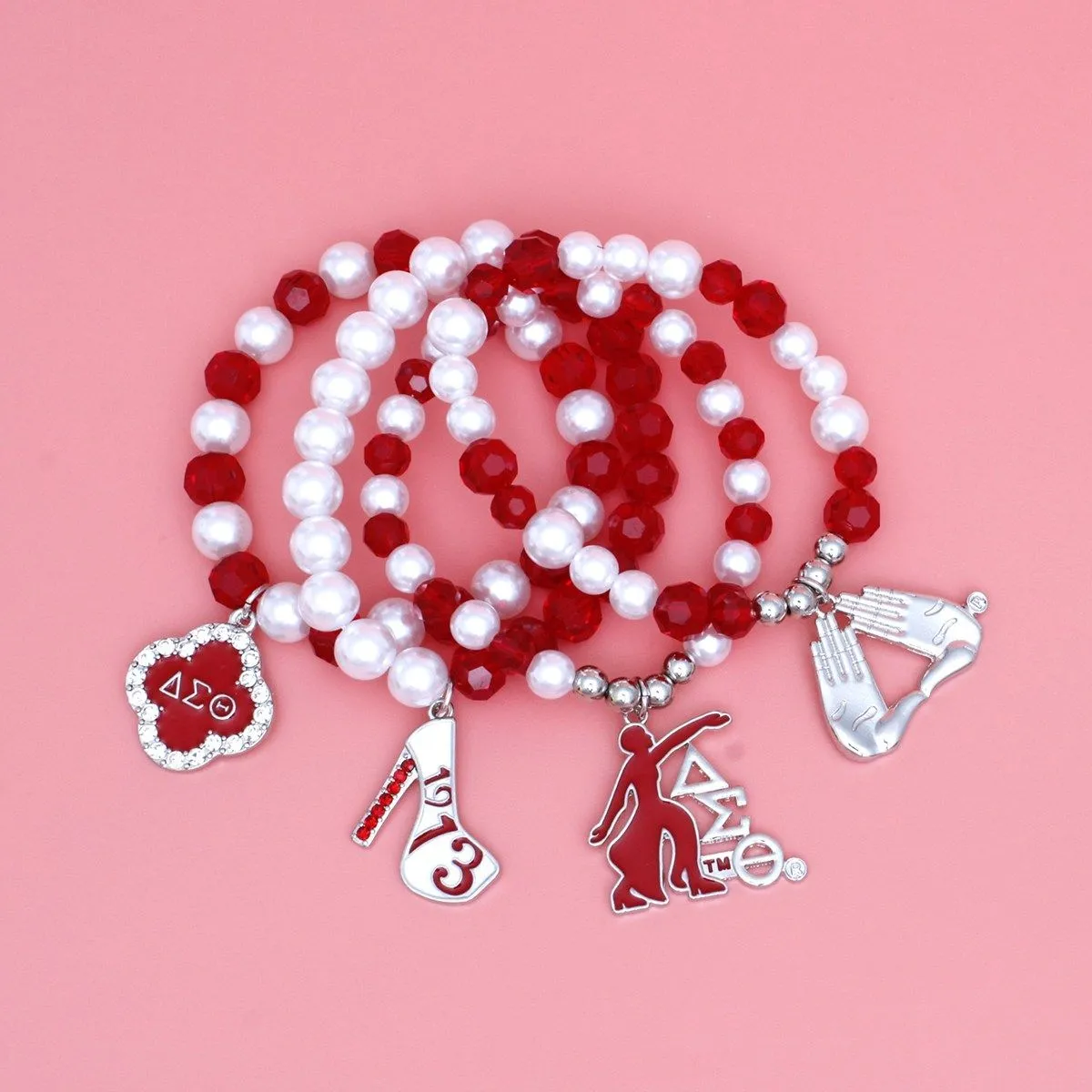 Delta Sigma Theta Inspired Updated DST Red Bead White Pearl Charm Bracelets