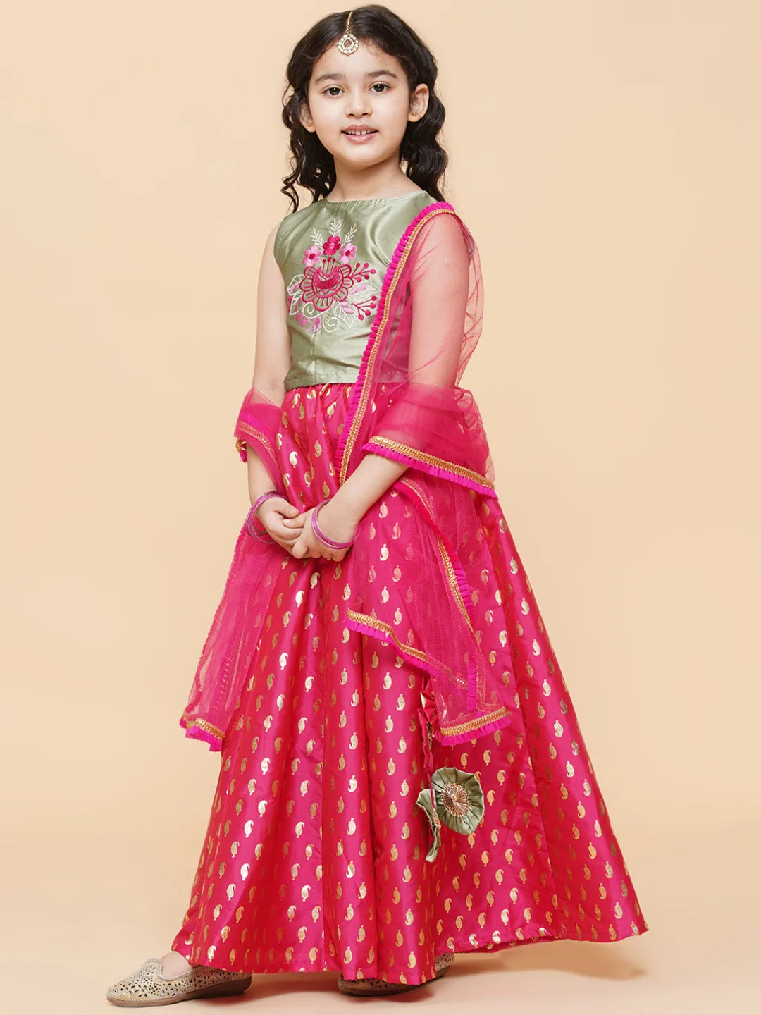 Girls Green & Pink Embroidered Foil Print Ready To Wear Lehenga Choli - Bitiya By Bhama