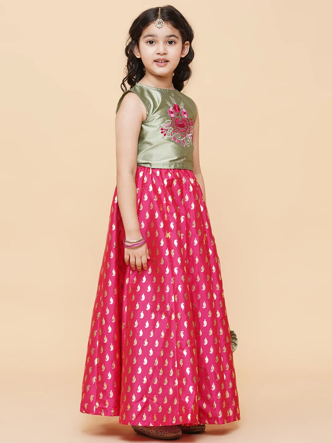 Girls Green & Pink Embroidered Foil Print Ready To Wear Lehenga Choli - Bitiya By Bhama
