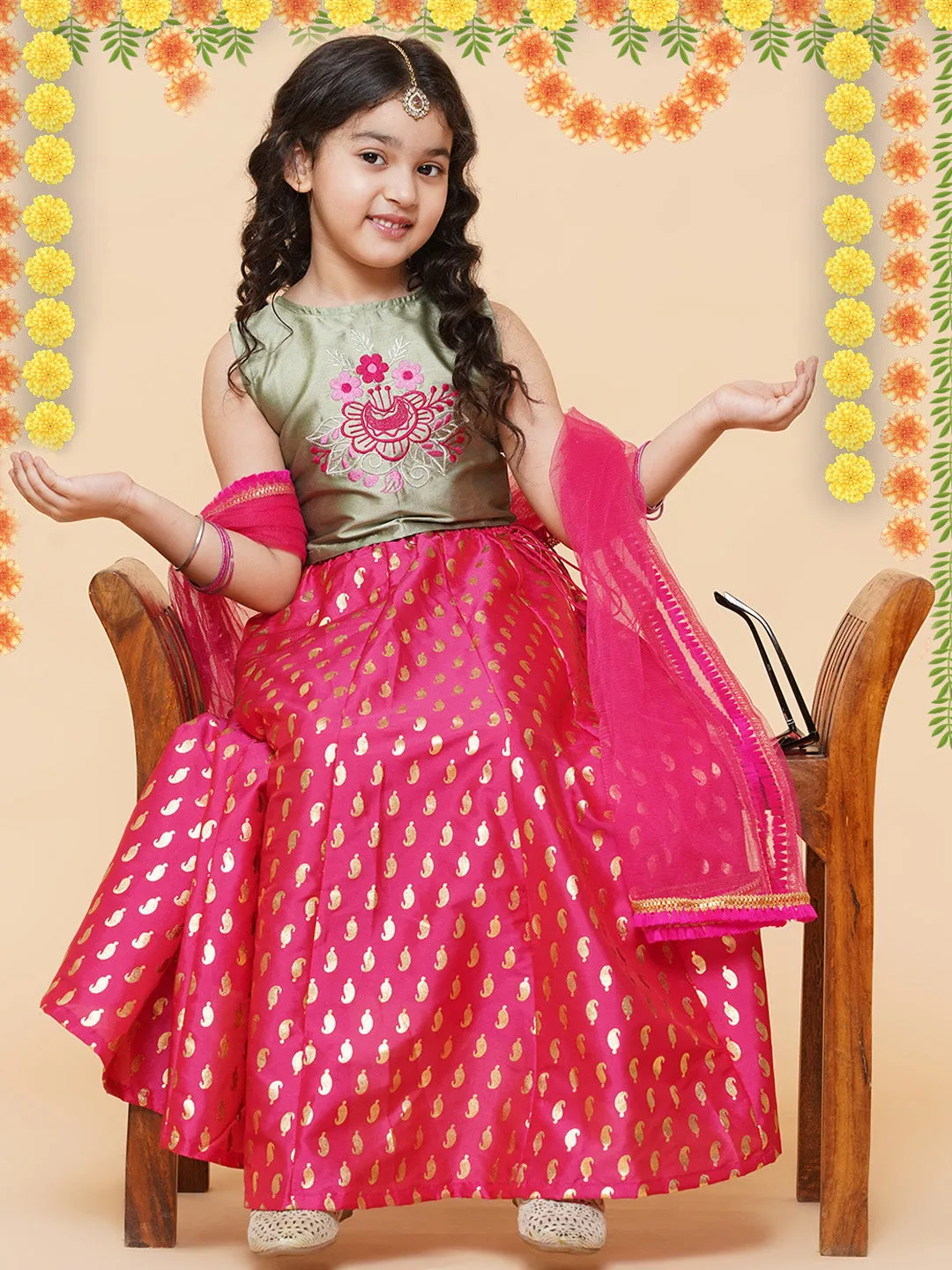 Girls Green & Pink Embroidered Foil Print Ready To Wear Lehenga Choli - Bitiya By Bhama