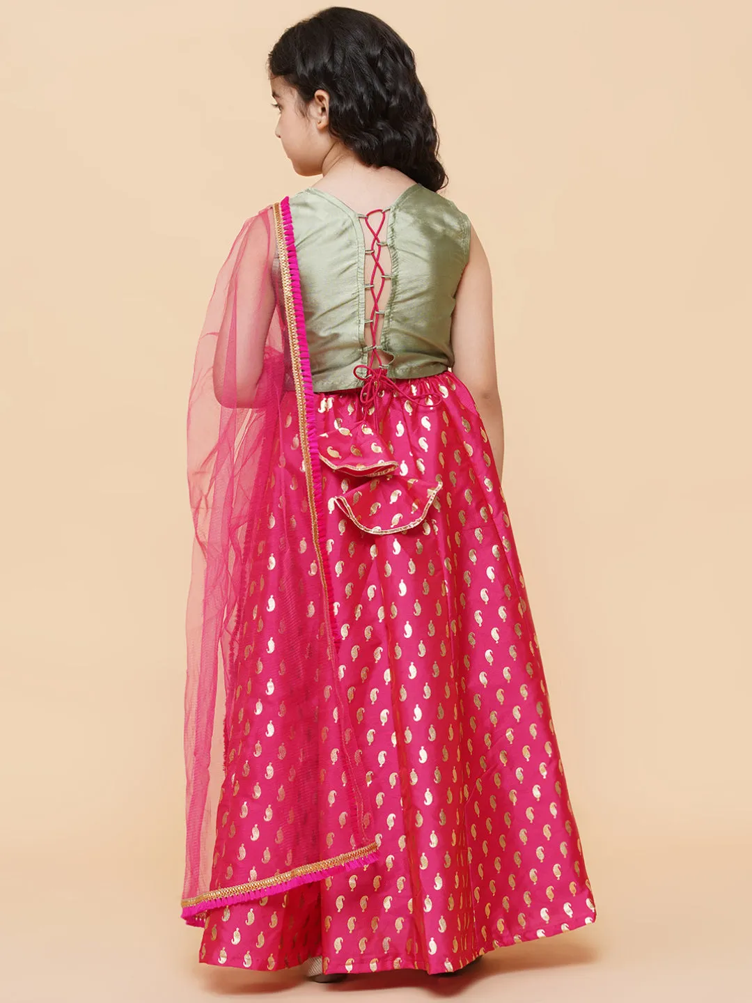 Girls Green & Pink Embroidered Foil Print Ready To Wear Lehenga Choli - Bitiya By Bhama