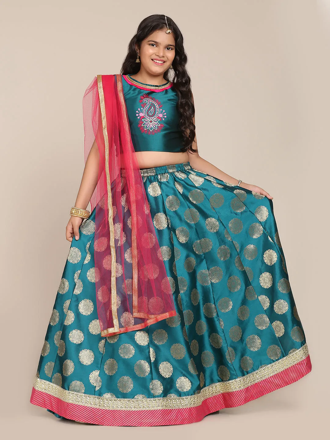 Girls Pink & Yellow Embroidered Ready To Wear Lehenga & Blouse With Dupatta - Bitiya By Bhama