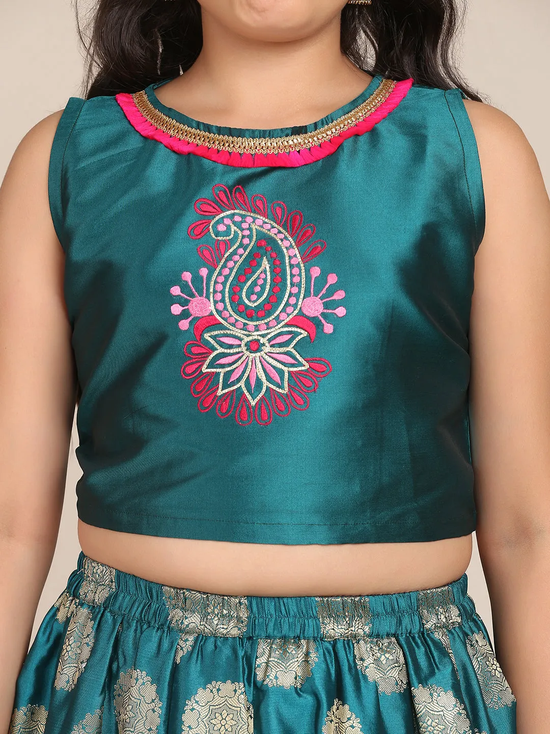 Girls Pink & Yellow Embroidered Ready To Wear Lehenga & Blouse With Dupatta - Bitiya By Bhama