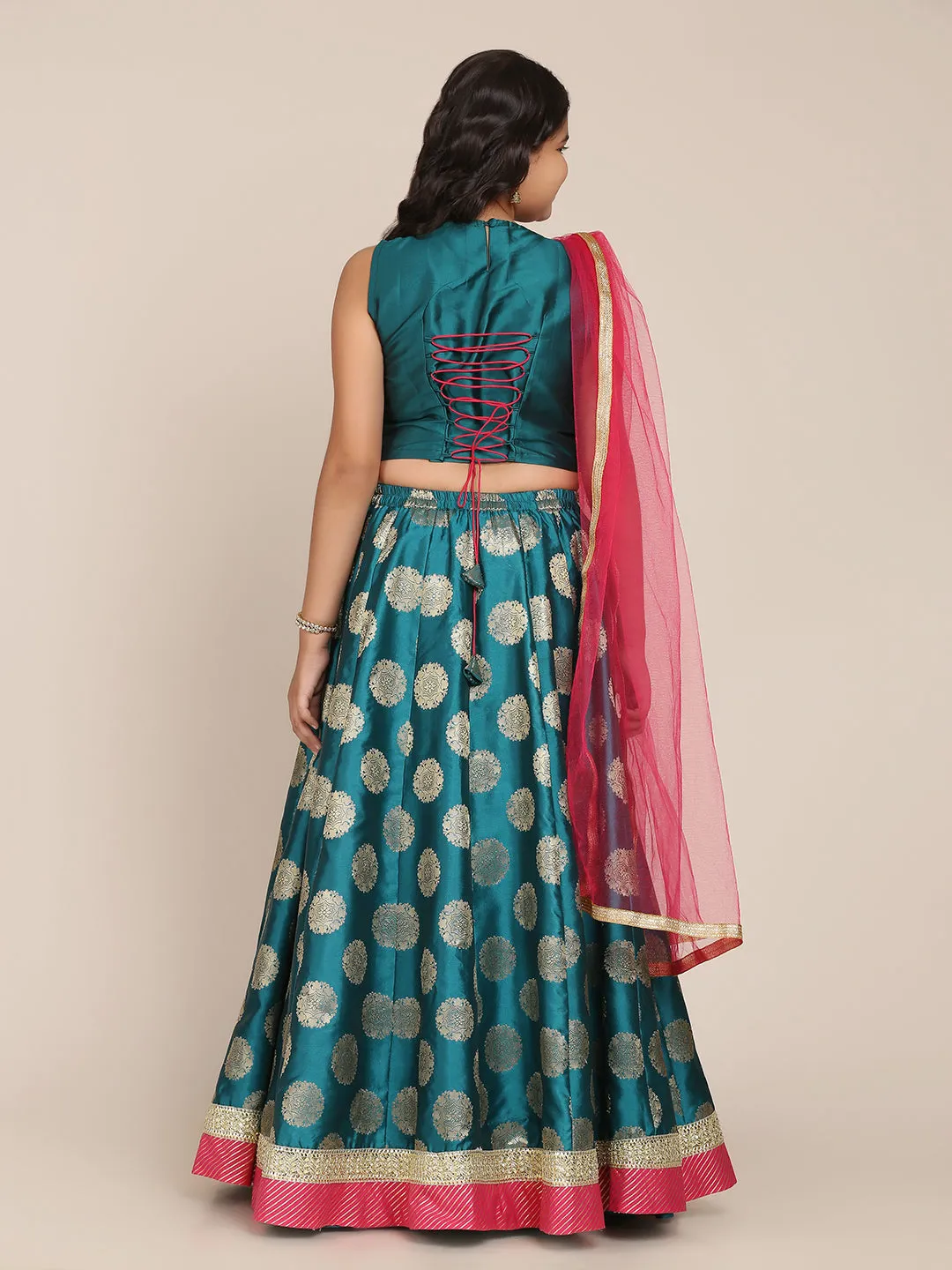 Girls Pink & Yellow Embroidered Ready To Wear Lehenga & Blouse With Dupatta - Bitiya By Bhama