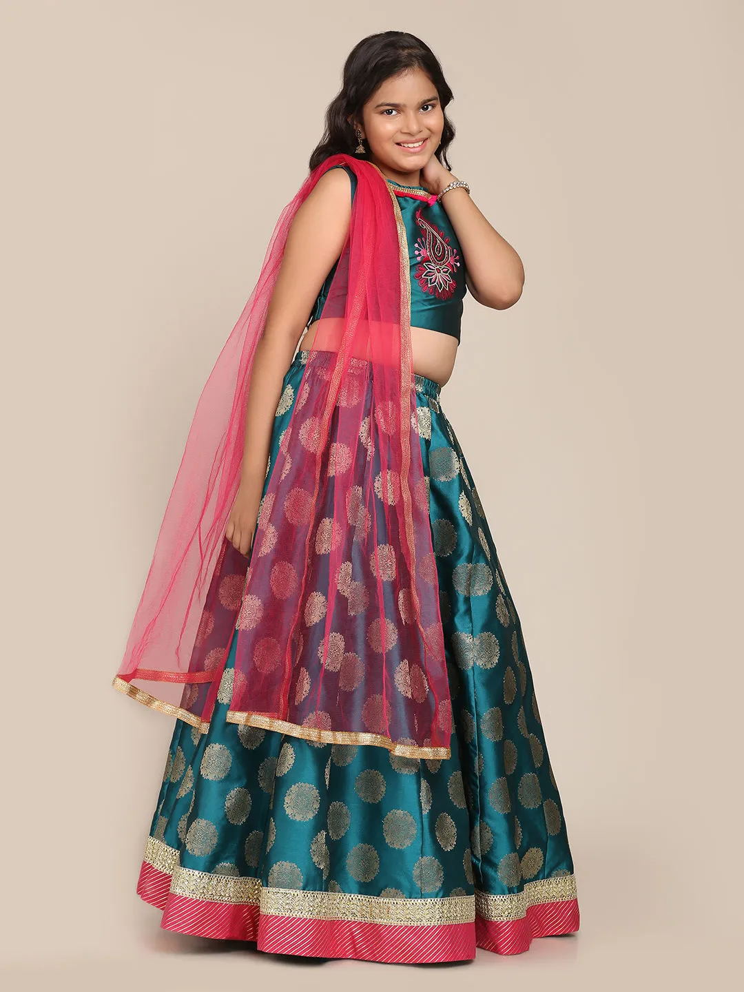 Girls Pink & Yellow Embroidered Ready To Wear Lehenga & Blouse With Dupatta - Bitiya By Bhama