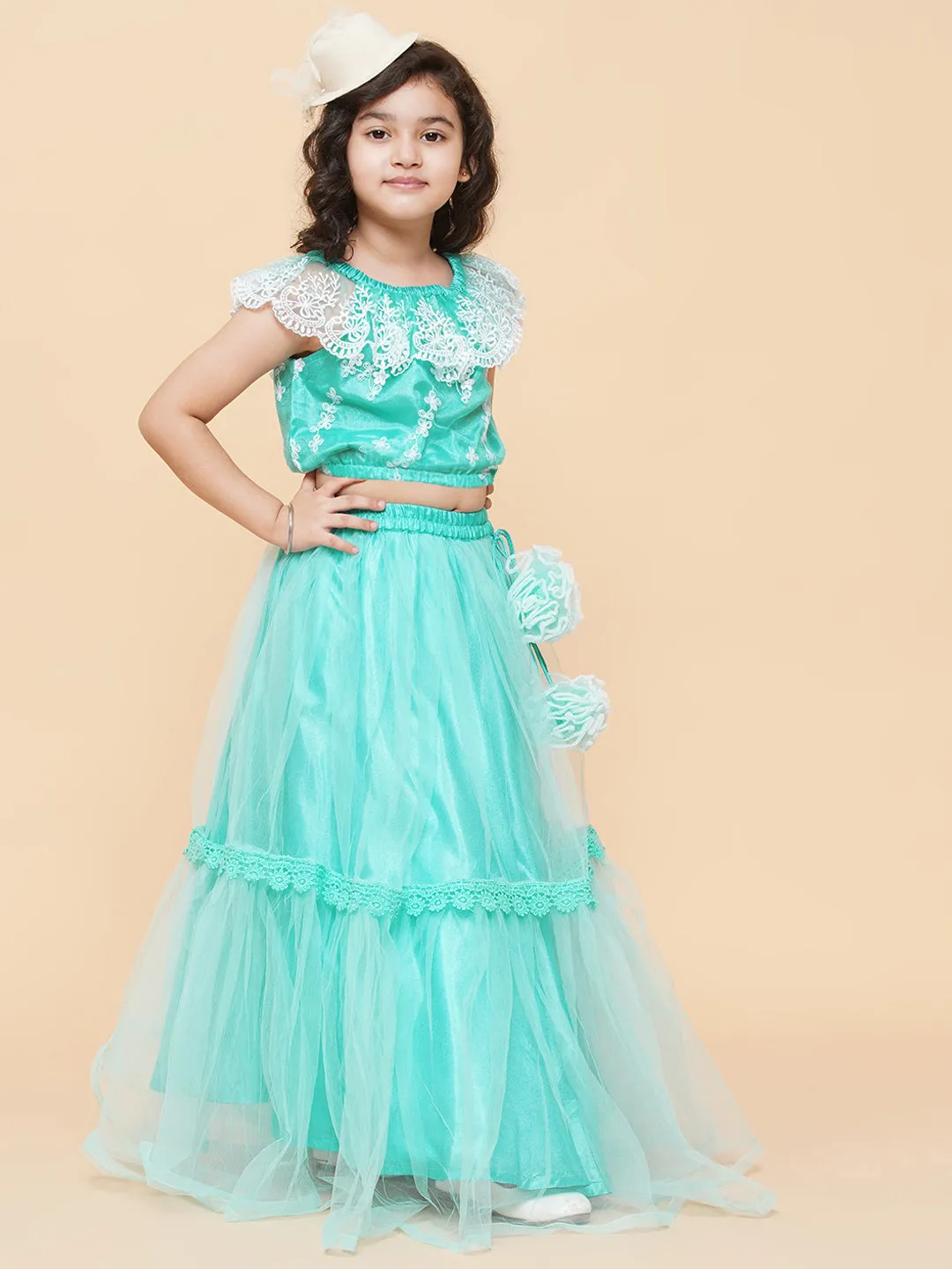 Girls Sea Green & White Embroidered Ready To Wear Lehenga Chol - Bitiya By Bhama