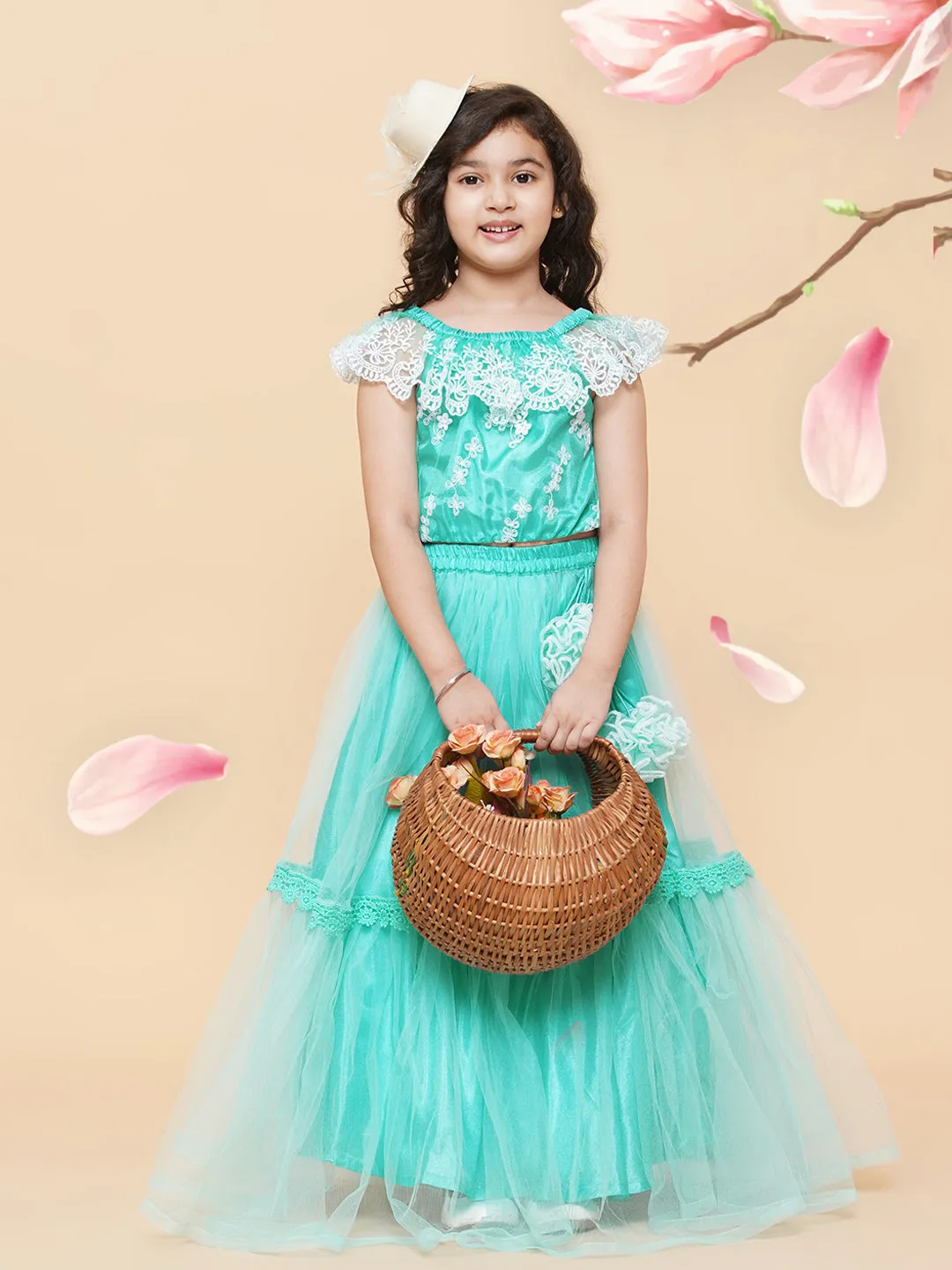 Girls Sea Green & White Embroidered Ready To Wear Lehenga Chol - Bitiya By Bhama