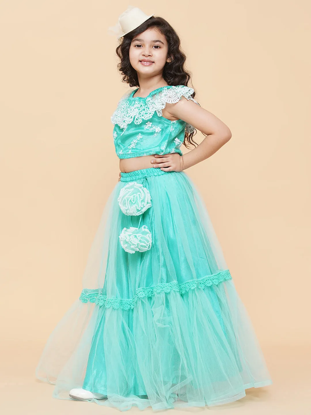 Girls Sea Green & White Embroidered Ready To Wear Lehenga Chol - Bitiya By Bhama