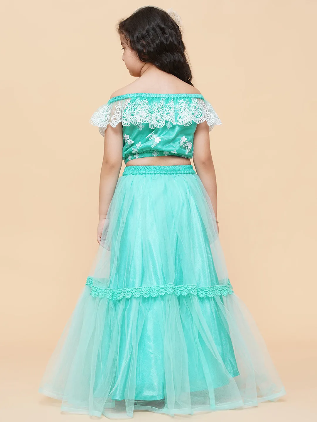 Girls Sea Green & White Embroidered Ready To Wear Lehenga Chol - Bitiya By Bhama