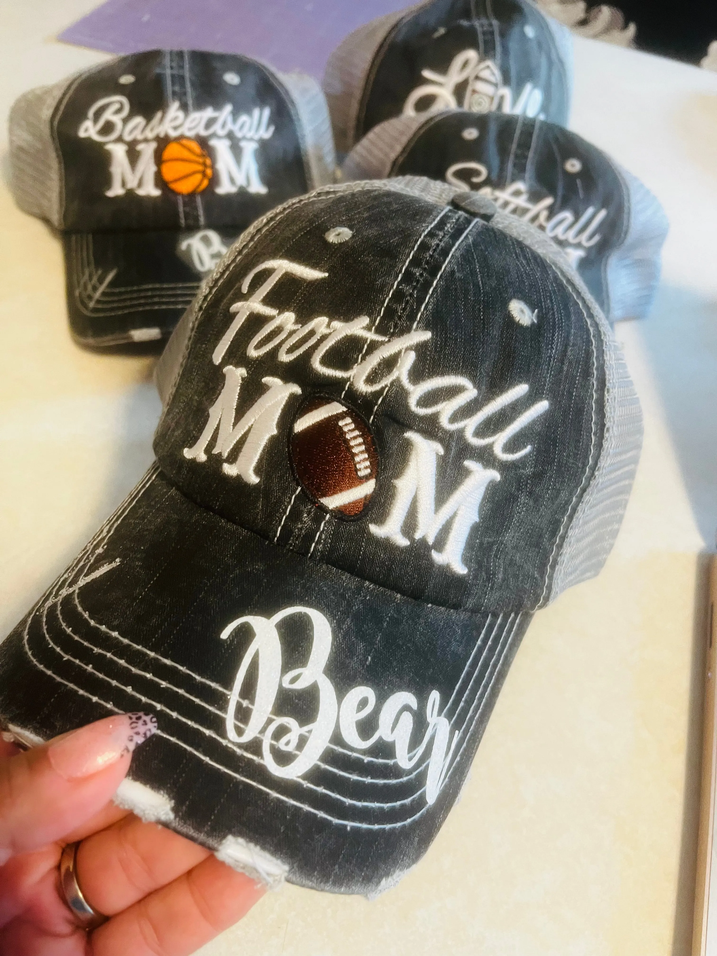 Hats Sports Boat Barn Racing Camping Lake Personalized Football mom hat Embroidered distressed womens trucker cap SHIPS in 2-3 days