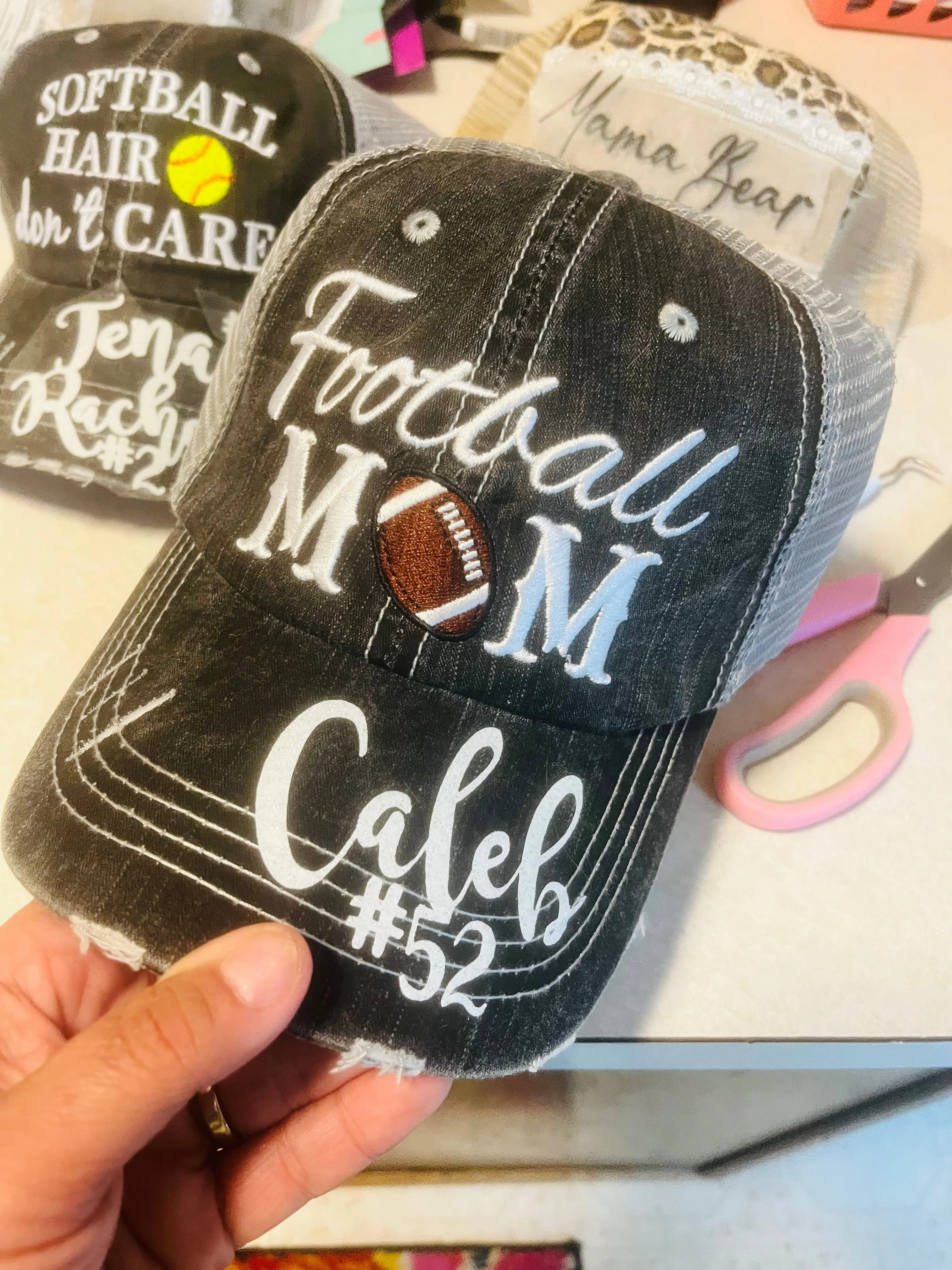 Hats Sports Boat Barn Racing Camping Lake Personalized Football mom hat Embroidered distressed womens trucker cap SHIPS in 2-3 days