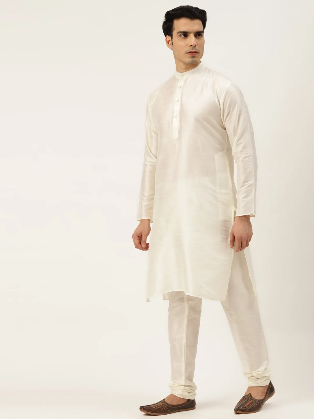 Men's Silk Blend Off White Kurta Pyjama & Fawn Sherwani Set - Sojanya