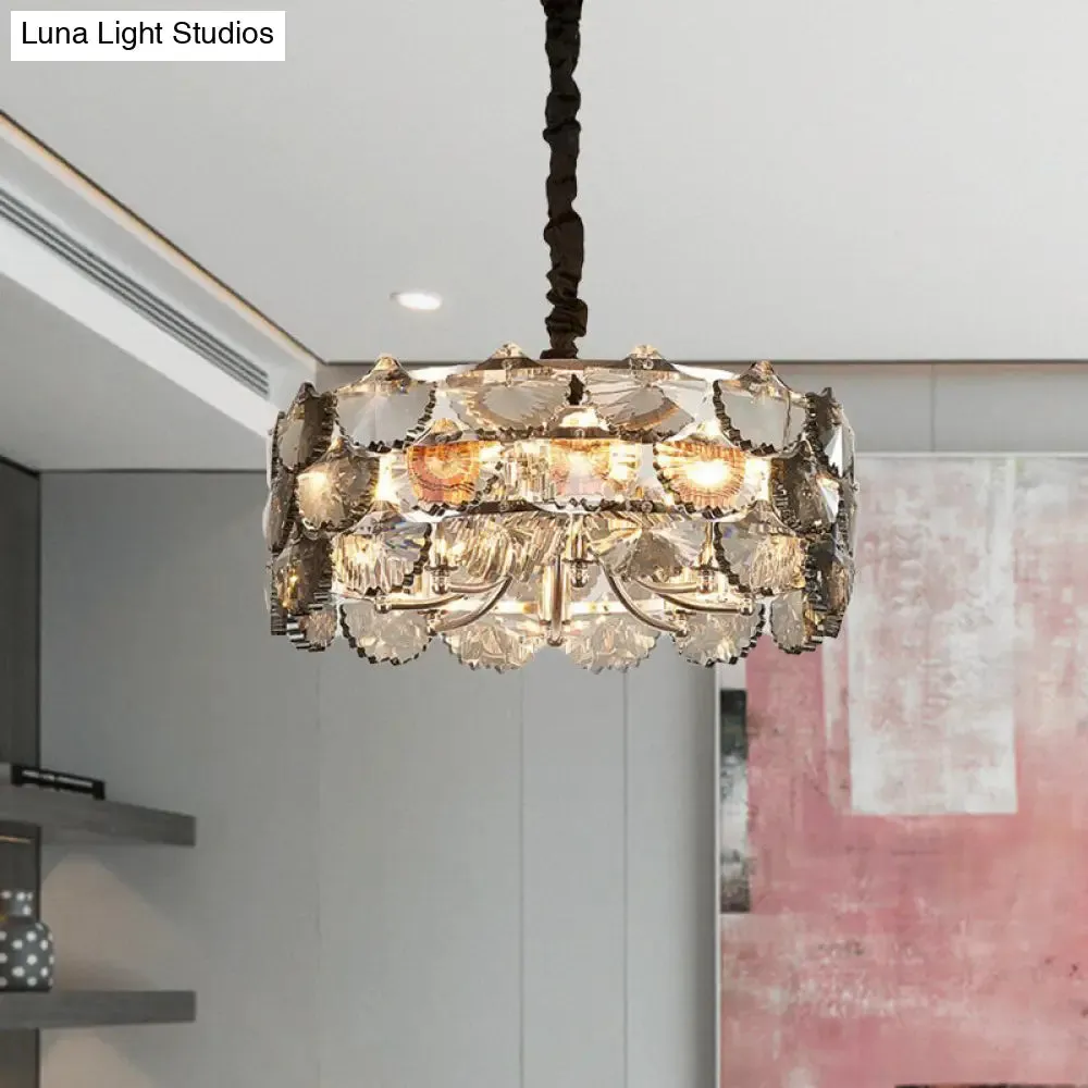 Modern Gray Crystal Block Drum Ceiling Chandelier - 6 Bulb Gold Pendant Lamp
