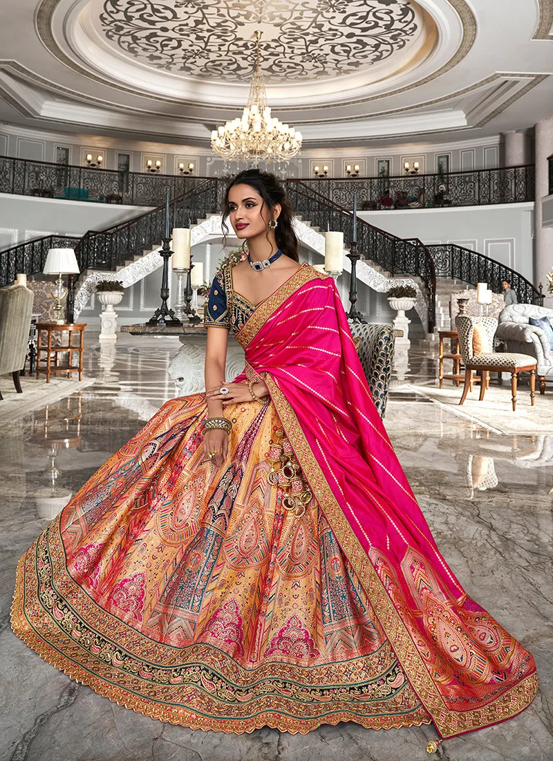 Orange And Blue Embroidered Bridal Lehenga Choli