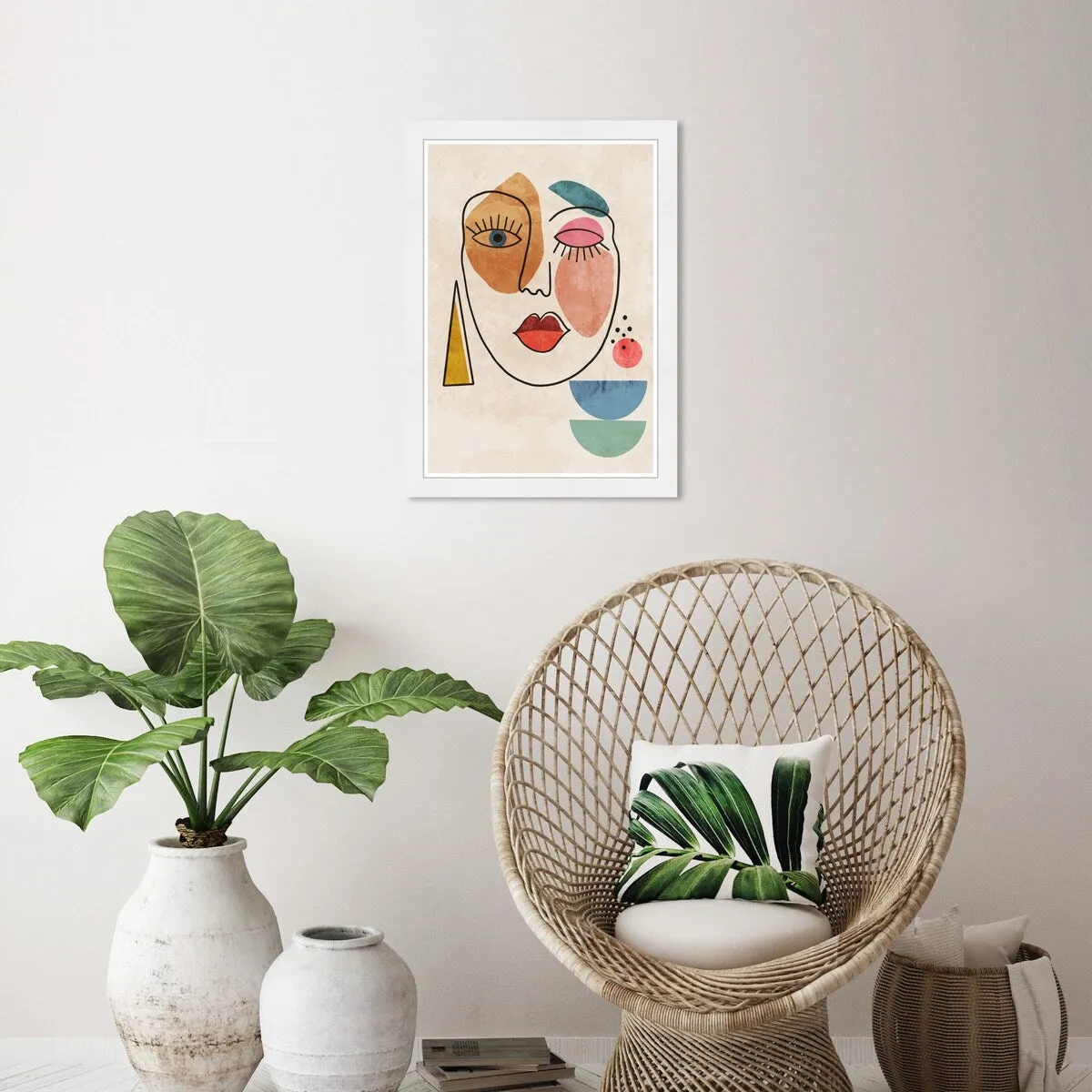 "Abstract Face II", Geometric Woman Face Modern & Contemporary White Framed Wall Art Print for Bedroom