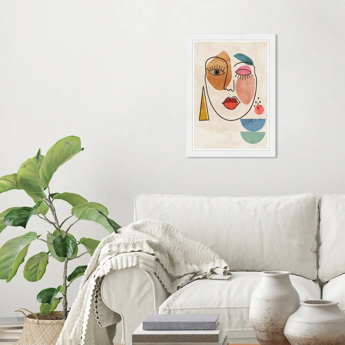 "Abstract Face II", Geometric Woman Face Modern & Contemporary White Framed Wall Art Print for Bedroom