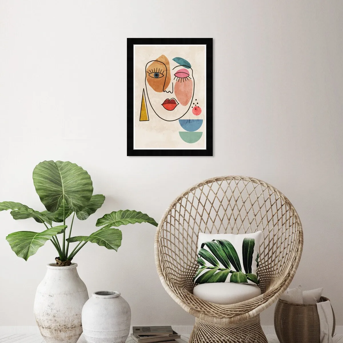 "Abstract Face II", Geometric Woman Face Modern & Contemporary White Framed Wall Art Print for Bedroom