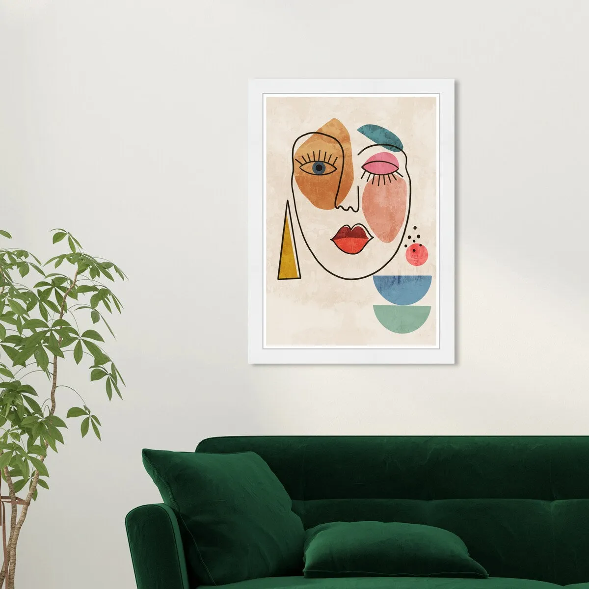 "Abstract Face II", Geometric Woman Face Modern & Contemporary White Framed Wall Art Print for Bedroom