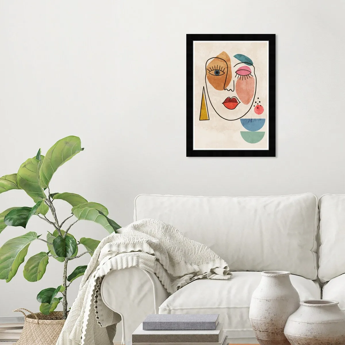 "Abstract Face II", Geometric Woman Face Modern & Contemporary White Framed Wall Art Print for Bedroom