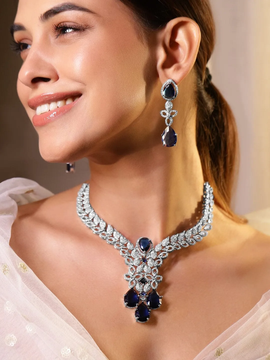 Rubans Rhodium Plated Cubic Zirconia Studded Jewellery Set