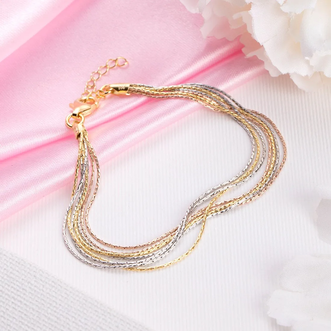 Sevenfold Radiance Triple Tone-Plated 7 Chain 925 Sterling Silver Bracelet