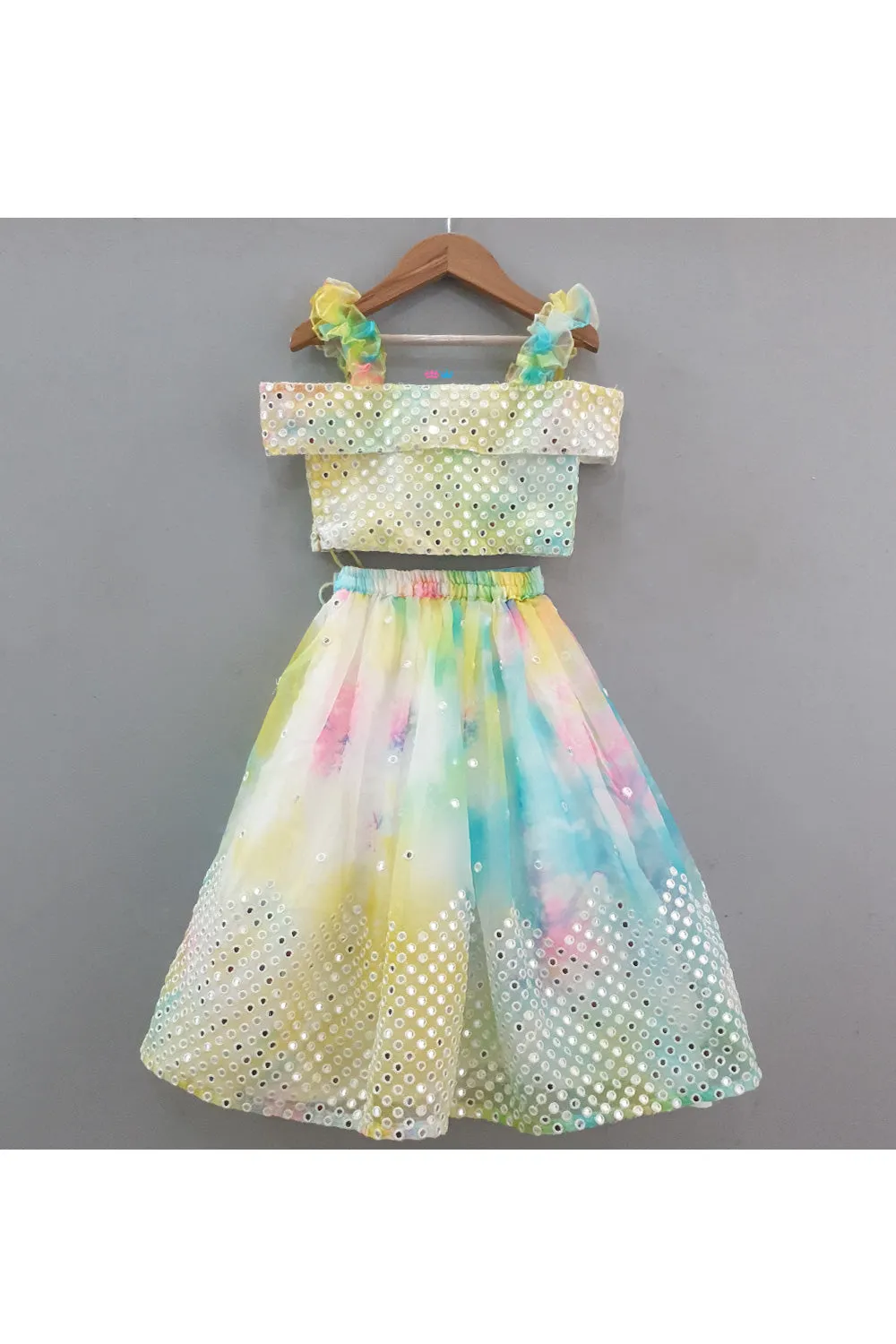 Tie And Dye Mirror Embroidered Off Shoulder Top With Lehenga Set