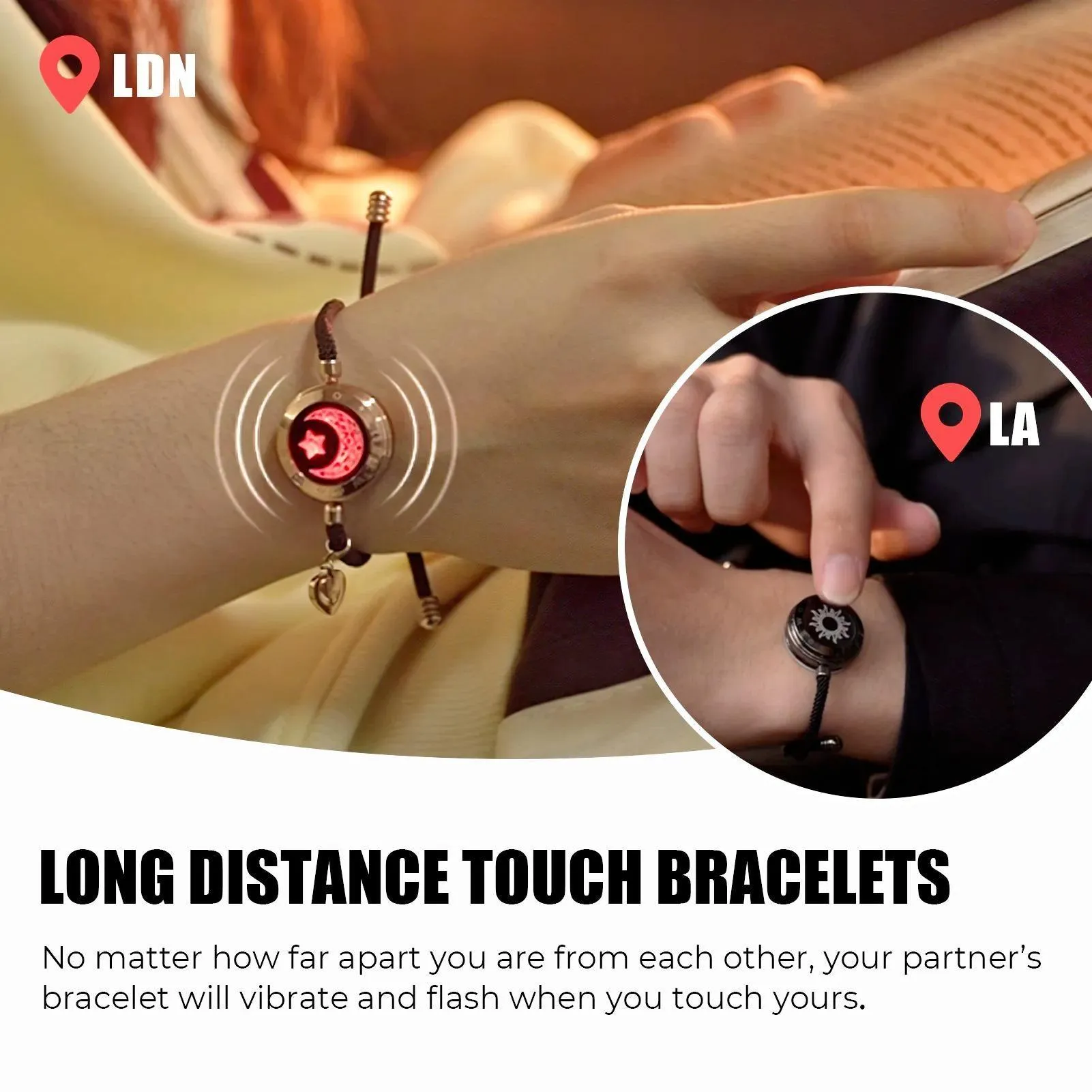 Touch Light Up & Vibrate Long Distance Love Bracelets For Couples Long Distance Relationship Gifts Smart Sun & Moon Love Bracelets